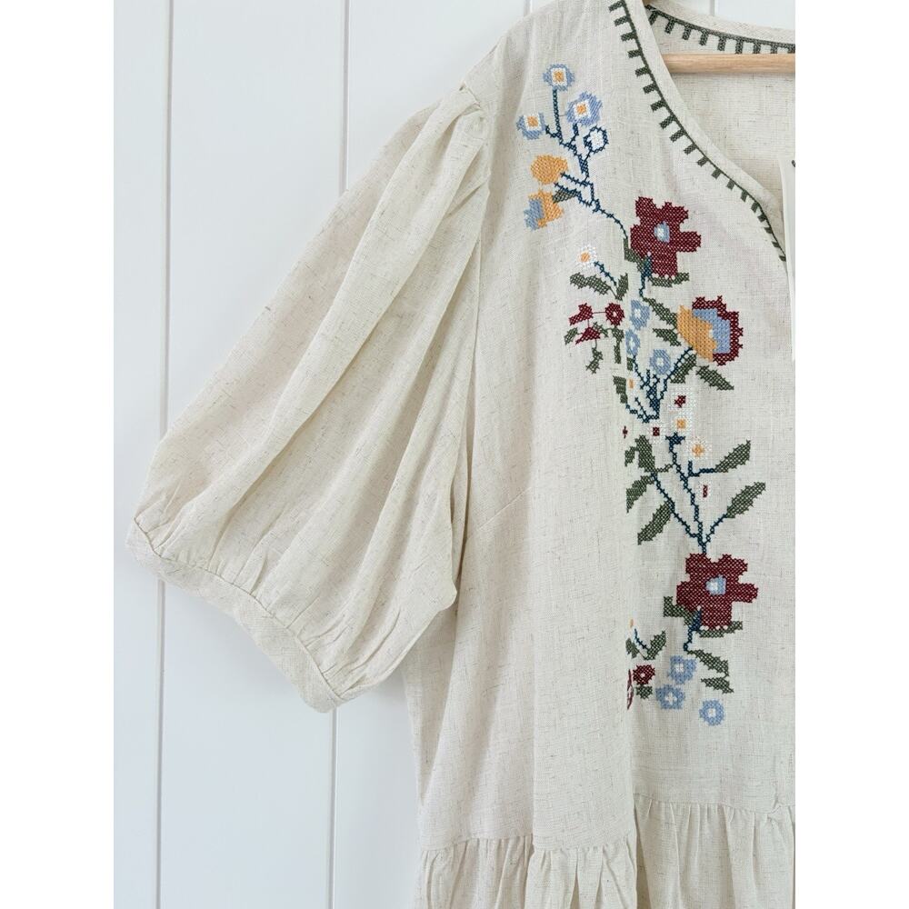 Solitaire Linen Blend Floral Embroidered Popover Peplum Blouse Puff Sleeve 2X - Picture 6 of 15